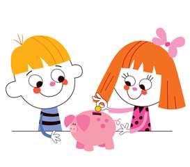 little boy and girl with piggy bank Children's savings
