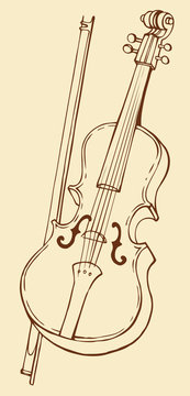 Vector line drawing of a violin and bow