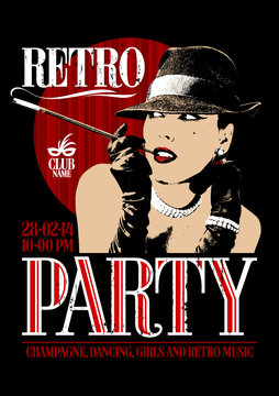 Retro Party Poster With Old-fashioned Smoking Woman In A Hat