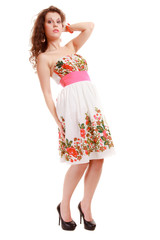 Full length woman girl in summer floral dress isolated. Fashion.