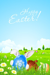 Green Landscape Background with Easter Eggs
