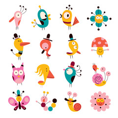 Obraz premium flowers, birds, mushrooms & snails characters set