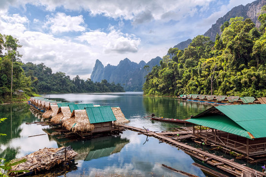 Floating village on Lake Cheo lan in Thailand