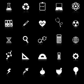 Science icons with reflect on black background
