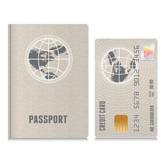 Passport and bank credit card in retro style with globe, map. - 60562302