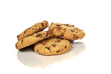 Chocolate chip cookies on white background