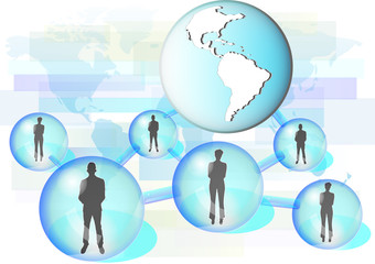 Illustration of business people connected in network with globe