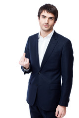 Businessman showing middle finger