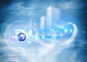 Composite image of holographic cityscape in clouds