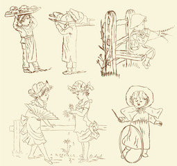 Vector set of retro, vintage children illustration