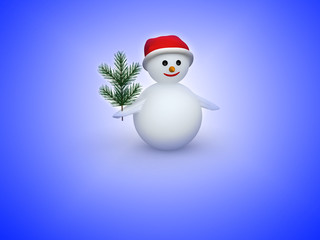 3D snowman with pine branch on white background