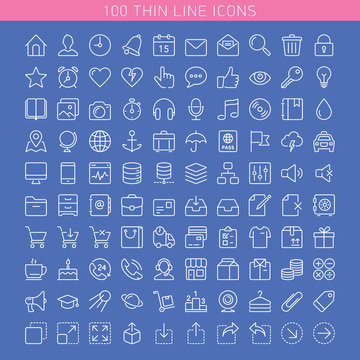 100 thin line icons for Web and Mobile. Dark version.