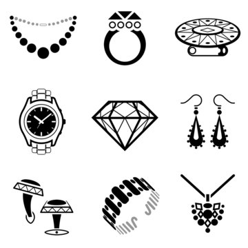 Set of black-white jewelry icons for luxury industry