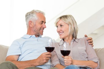 Smiling mature couple with wine glasses sitting on sofa