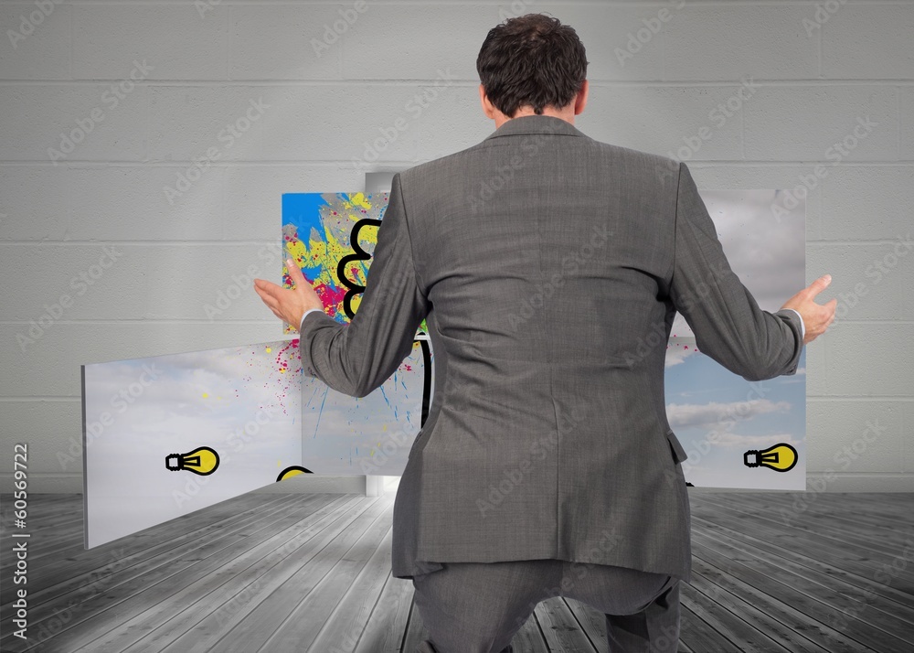Poster composite image of businessman posing with hands out
