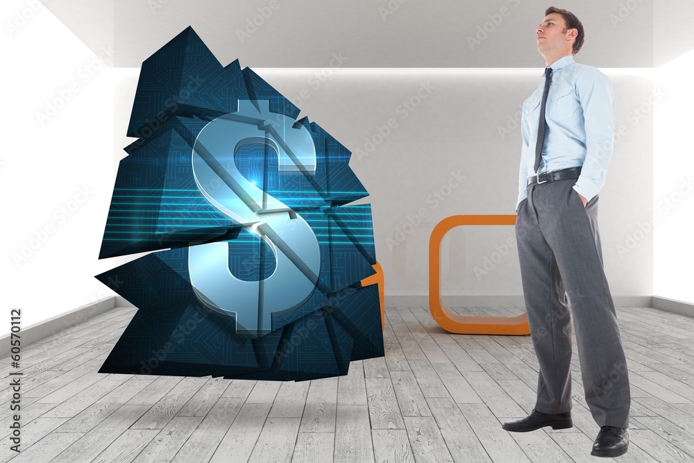Poster composite image of serious businessman standing with hands in po