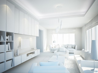 living room interior in white color ,3d render