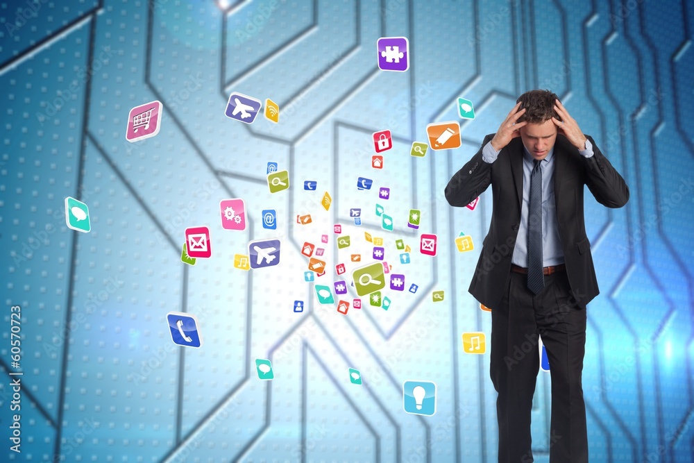 Poster composite image of stressed businessman with hands on head