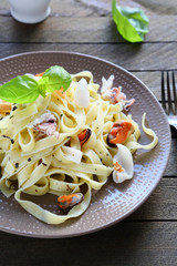 appetizing pasta with mussels and squid