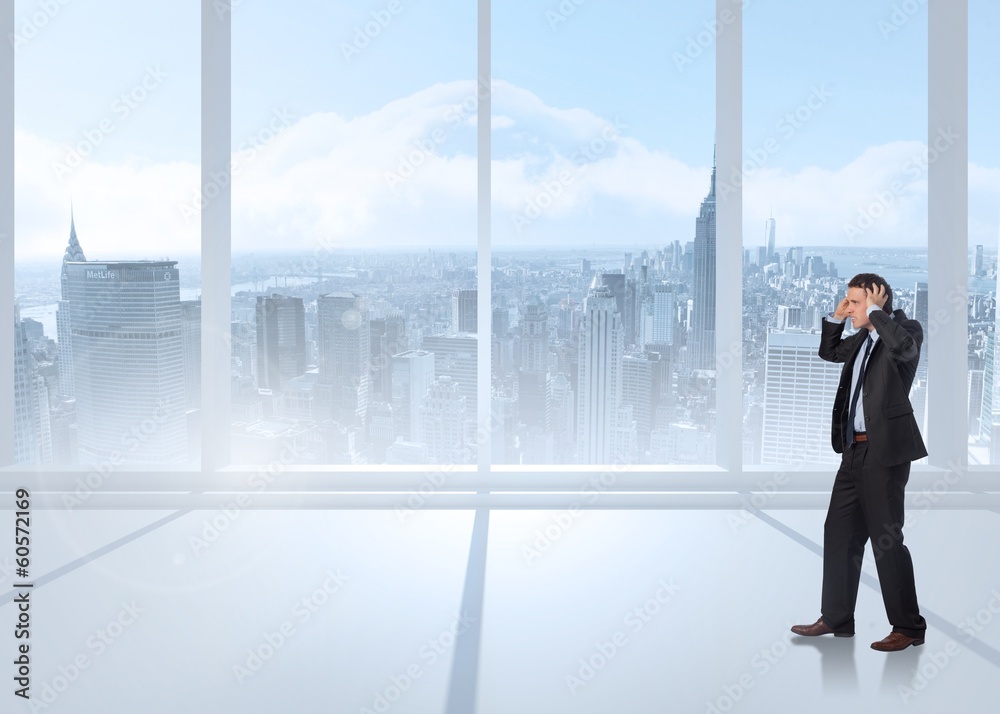 Poster composite image of stressed businessman with hands on head