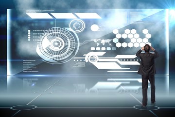 Composite image of stressed businessman with hands on head