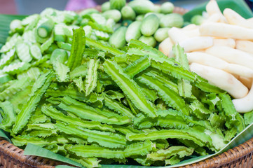 ginger, cucumber and winged bean on tray bamboo