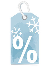 ice-blue sales label with percentage sign and snow