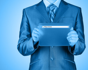 Businessman pushing virtual search bar
