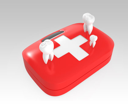 3D teeth on first aid kit for oral care concept