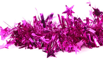 Close up of christmas purple tinsel with stars.