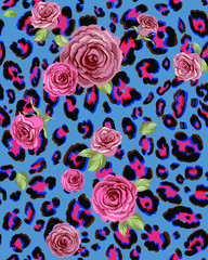 Naklejka premium Roses on leopard seamless background