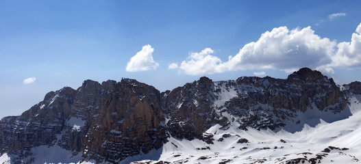Panorama of snowy mountains in spring
