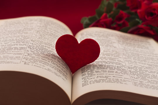 Heart in between a book with roses in the background