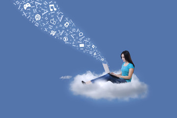 Female student send email with laptop on cloud