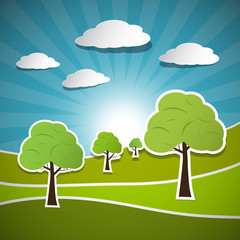 Retro Vector Illustration of Trees, Clouds and Blue Sky