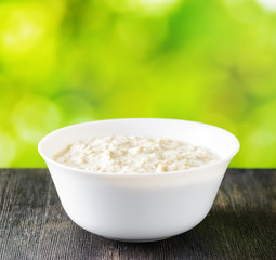 Bowl of oat porridge on nature background