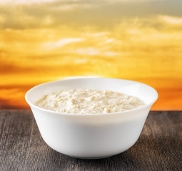 Bowl of oat porridge on nature background