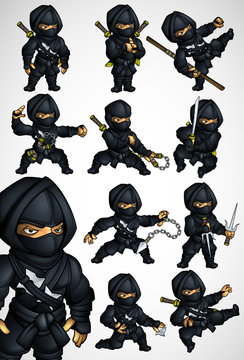 Set of 11 Ninja poses in a black suit