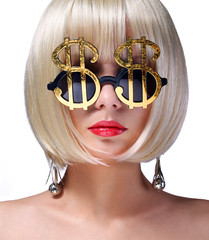 Money Girl. Fashion Blonde Model with Gold Sunglasses