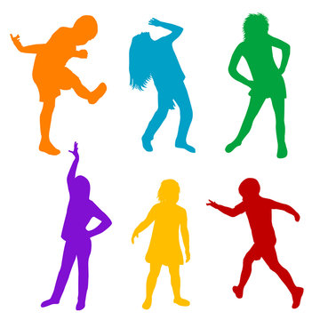 Set of colored silhouettes of children playing