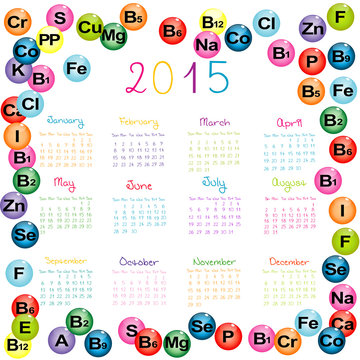 2015 calendar with vitamins and minerals for drugstores and hosp