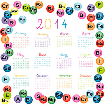 2014 calendar with vitamins and minerals for drugstores and hosp
