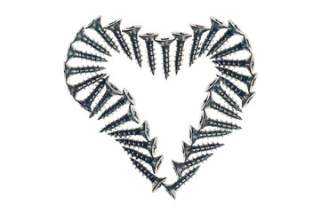 Heart symbol made of screws, isolated on white