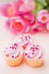 Cupcakes with pink cream,heart sprinkles and tulips on white tab