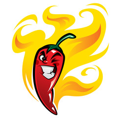 Red devious extremely hot cartoon chili pepper character on fire - obrazy, fototapety, plakaty