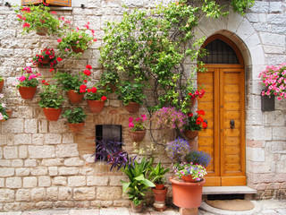 Fototapeta na wymiar Kolorowe kwiaty na zewnątrz domu w Asyż, Włochy