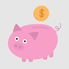 Piggy bank and dollar coin. Card