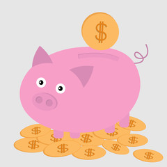 Piggy bank on the dollar coins. Card