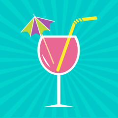 Pink cocktail glass with drinking straw and umbrella. Sunburst b