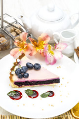 piece of blueberry pie on a table in a restaurant
